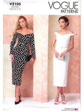 Vogue V2105 Misses 4 to 12 Off-Shoulder and Belted Dress Uncut Sewing Pattern